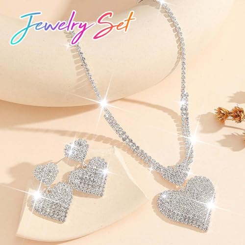 Crystal Heart Bridal Wedding Jewelry Set Silver Rhinestone Necklace Earrings Bracelet Sets Formal Costume Jewelry for Women and Brides - color: Silver Necklace Earrings