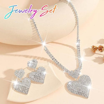 Crystal Heart Bridal Wedding Jewelry Set Silver Rhinestone Necklace Earrings Bracelet Sets Formal Costume Jewelry for Women and Brides - color: Silver Necklace Earrings