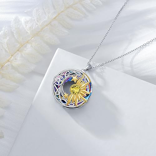 AOBOCO 925 Sterling Silver Moon Sun Star Necklace Celtic Jewelry for Women Girls - color: Circle Crystal-Volcano Color