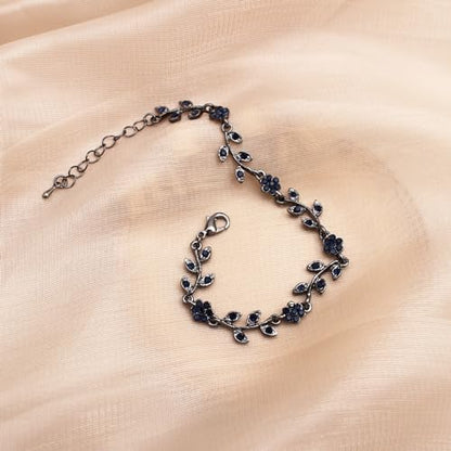 Austrian Crystal Rhinestone Choker Necklace Dangle Earring Link Bracelet Jewelry Set for Brides Bridesmaid Prom Costume Accessories for Women - color: Blue-Gunmetal