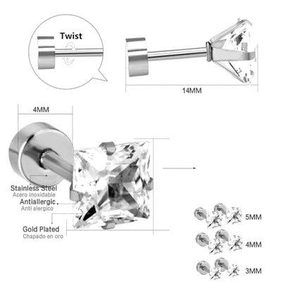 18G Princess Cut Clear Cubic Zirconia Cartilage Small Stud Earrings for Men Women Square Barbell Tragus Helix Screw Sleeper Surgical Steel Flat Back Piercing Studs Hypoallergenic 3 Pairs 3-5mm - color: Silver