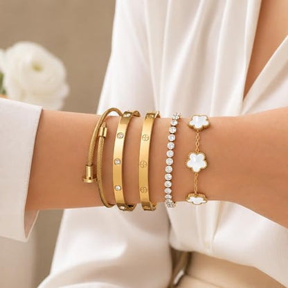 18K Gold Plated Love Bangle Bracelet Stack for Women, Adjustable Clover Bracelet & CZ Tennis Chain Set, Stackable Layered Jewelry, Fade Resistant, Long-Lasting Luster for Daily Wear & Gift - color: 5Pcs Gold White