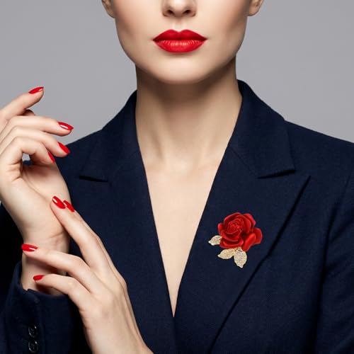 4pcs Rose Brooch, Elegant Red Rhinestone Rose Pin, Crystal Roses Brooches for Women Dress Party Dance Wedding Gift Accessories Jewelry