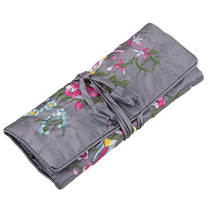 TUMBEELLUWA Embroidery Travel Jewelry Bag Roll Embroidered Flower and Bird Brocade Organizer with Tie Close - color: #2 Grey
