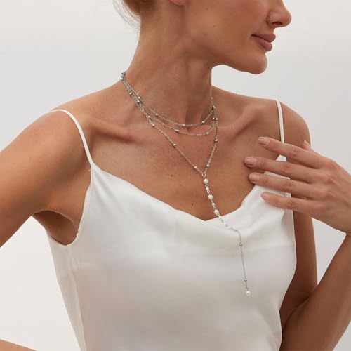 Trendy Gold Layered Small Beaded Pearl Long Tassel Lariat Y Necklaces for Women, Dainty Beads Pearls Drop Necklace Statement Charm Party Jewelry Gift - color: Silver