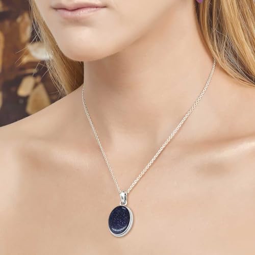 Chunky Natural Gemstone Pendant Necklace For Women Onyx, Turquoise, Amber, Garnet Oval Boho Genuine 925 Sterling Silver Handmade Jewelry - color: Blue Sunstone