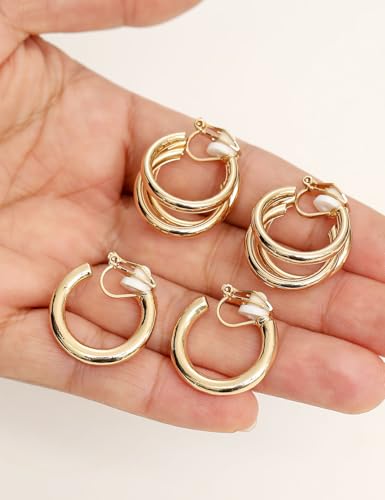 12 Pairs Clip on Hoop Earrings for Women 14K Gold Plated Chunky Clip on Earrings CZ Tube Twist Croissant Bamboo Round Geometric No Piercing Ear Clips Set Trendy Fake Earrings Jewelry - color: Gold