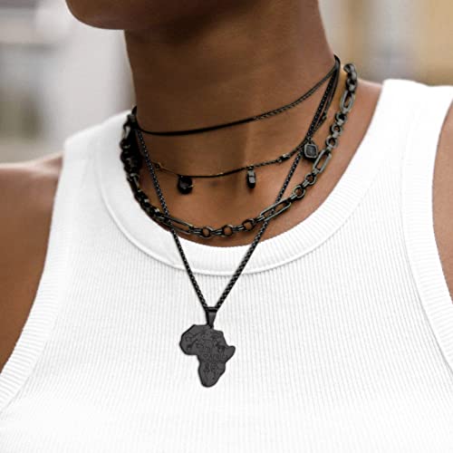 GOLDCHIC JEWELRY Africa Map Necklace for Men, Stainless Steel African Tribal/Egyptian Eye of Horus/I LOVE AFRICA/Elephant Map Hiphop Jewelry Unisex with 22'+2'Adjustable Chain - color: Animals - Black, style: No Customization