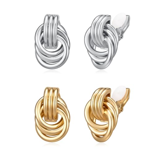 FANZE 2 Pairs Matte Gold Sliver Clip on Earrings for Women No Piercing | No Piercing Button Earring Comfortable Fashion Jewelry Gift - color: Gold/Silver2