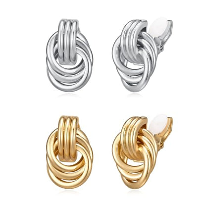 FANZE 2 Pairs Matte Gold Sliver Clip on Earrings for Women No Piercing | No Piercing Button Earring Comfortable Fashion Jewelry Gift - color: Gold/Silver2