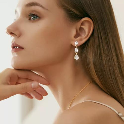 Lunvky 14K Gold Plated Dangle Earrings for Women Dainty Silver Drop Earring Trendy Long Dangling Wedding Bridesmaid Hoop Diamond Crystal Cute Earring Prom Jewelry Birthday Gifts - color: F-1 pair gold