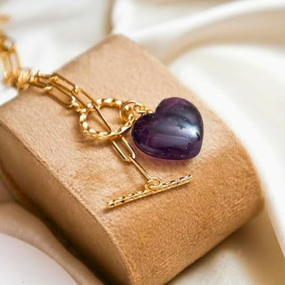 Gempires Gemstone Heart Pendant Necklace for Women, Gold Toggle Birthstone | Handmade gemstone heart pendant necklace — choose from 11 stones and birthstones, gold toggle paperclip chain. - color: Amethyst