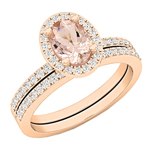 Dazzlingrock Oval Gemstone Halo Engagement Ring Set for Her | 0.44 Ctw | Color I-J, Clarity I1-I3 | Round White Diamond | 7x5mm Style Gold - color: Morganite, size: 9.5, style: 10K Rose Gold