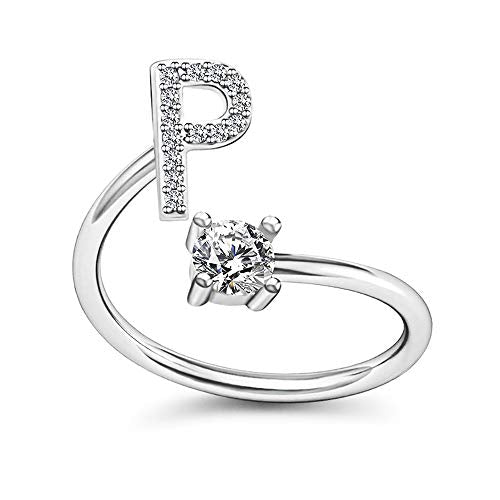 FUTIMELY Initial Letter Ring Alphabet Ring A-Z Silver Crystal Open Adjustable Personalized Initial Ring for Women - style: P