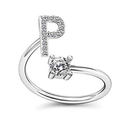FUTIMELY Initial Letter Ring Alphabet Ring A-Z Silver Crystal Open Adjustable Personalized Initial Ring for Women - style: P