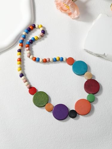 Colorful Ethnic Wooden Earrings Round Statement Dangle Earrings Multilayered Geometric Beaded Bracelet Necklace Set for Women Exaggerated Tribal Jewelry - color: Round Disc Pendant Neck Chain-Colorful