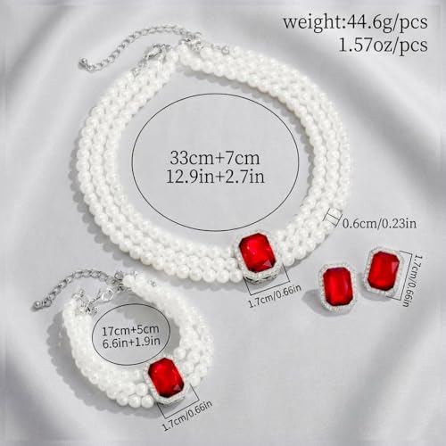 Brishow Pearl Necklace Jewelry Set Wedding Pearls Earrings Necklaces Set Bridal Crystal Bracelet Jewelry for Women (Pack of 3) - color: Red, size: 3 Layered