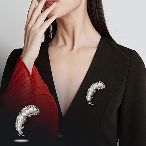 Pearl Diamond Brooch Pins for Dress Sweater Scarf, Wedding Party Decoration Birthday Christmas Gift - style: Feather (Silver)