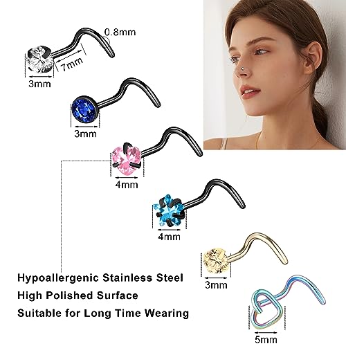 36-44 Pcs 18G 20G Nose Rings Studs Nose Rings for Women Nose Piercings Jewelry Surgical Stainless Steel Nose Studs Moon Star Heart Butterfly Hypoallergenic Body Piercing Jewelry for Women Men - color: 20G Black A-Screw- 44 Pcs