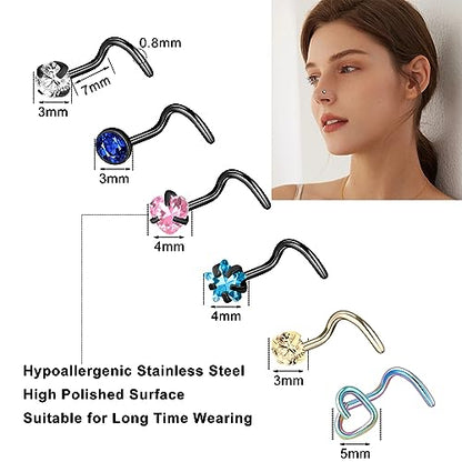 36-44 Pcs 18G 20G Nose Rings Studs Nose Rings for Women Nose Piercings Jewelry Surgical Stainless Steel Nose Studs Moon Star Heart Butterfly Hypoallergenic Body Piercing Jewelry for Women Men - color: 20G Black A-Screw- 44 Pcs