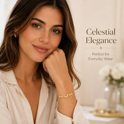 Moon Phase Bracelet Gold/Silver Opal Moon Charm Bracelet Adjustable Opal Style Crescent Charm Chain Bracelets with White Bead Accents Celestial Jewelry Outfit Accessories Gift for Women - color: B1: Gold