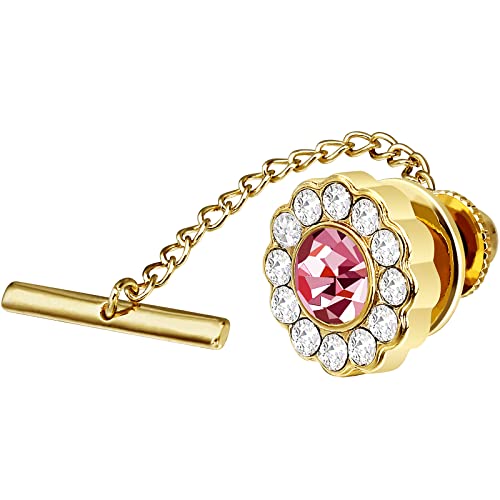 AMITER Crystal/Pearl Tie Tack with Chain, Gold Mens Tie Pin Necktie Pins Lapel Pin for Wedding Birthday Anniversary Party - color: 24k Gold+Pink Crystal