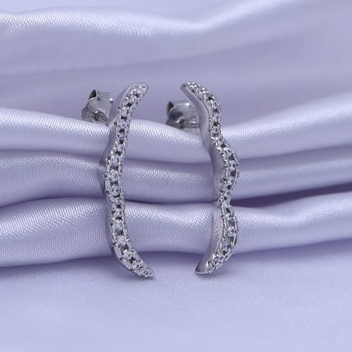 Round Cut White Cubic Zirconia Wave Shaped Ear Climbers Stud Earrings in 14K Gold Plated Sterling Silver With Push Back for her - color: white-gold-plated-silver