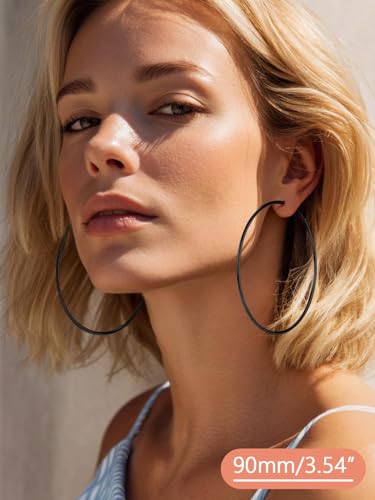 FaithHeart Silver/Black/Gold Stainless Steel Thin Hoop Earrings for Women | 2mm Wide Thin Large Hoop Earrings, Hypoallergenic Lightweight Trendy Jewelry, 20/30/40/50/60/70/80/90/100mm - color: Black, size: 90mm/3.54"