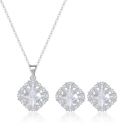 14K Gold Plated | 14K Platinum Plated Necklace for Women Necklace Earrings Set with Sparkling Zircon Inlay and Silver Post Earrings - color: Zircon square three-leaf flower set silver
