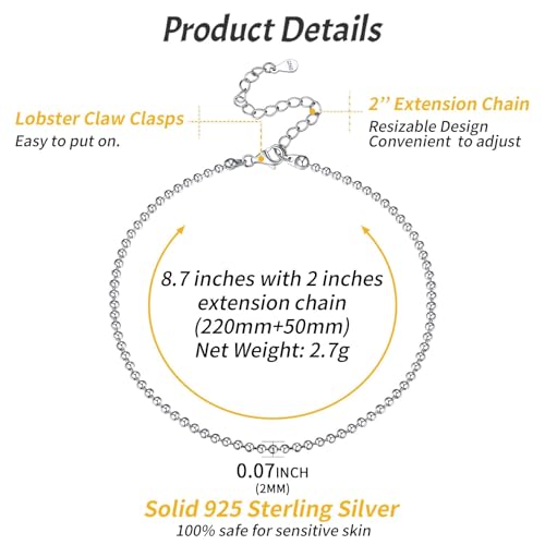 ChicSilver 925 Sterling Silver Ankle Bracelet for Women, Simple Cuban Link/Figaro/Twist Rope Chain Anklets for Beach Party(with Gift Box) - style: 13: Round Bead Chain