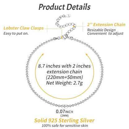 ChicSilver 925 Sterling Silver Ankle Bracelet for Women, Simple Cuban Link/Figaro/Twist Rope Chain Anklets for Beach Party(with Gift Box) - style: 13: Round Bead Chain