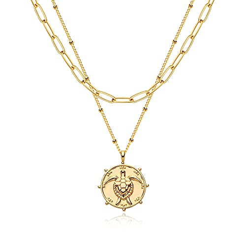 MEVECCO Dainty Pendant Layered Necklaces for Women | 18K Gold Plated Brass, 2-Piece Set With A Choker-Length Upper Layer, Wear Together Or Separately, Refined Everyday Style - style: Layer Turtle