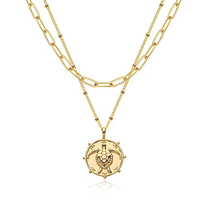 MEVECCO Dainty Pendant Layered Necklaces for Women | 18K Gold Plated Brass, 2-Piece Set With A Choker-Length Upper Layer, Wear Together Or Separately, Refined Everyday Style - style: Layer Turtle