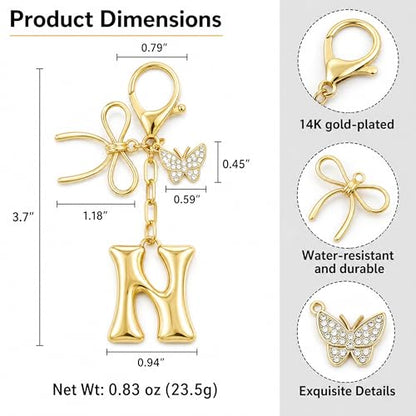 Gold Bubble Heart, Cherry, Bow & More Designs Letter Initial Keychain Bag Charms – Cute Purse Charms for Handbags - color: Bow & Butterfly, style: N