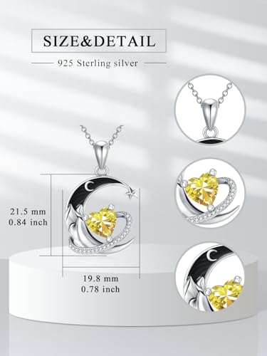 I Love You to the Moon and Back Necklace 925 Sterling Silver Black Crescent Moon Star Pendant with Heart Birthstone Necklace Anniversary Gothic Jewelry Gifts for Women Wife Lovers - color: 11-Nov-Citrine