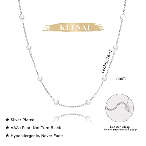 Gold Pearl Necklace For Women - 14K Gold Plated Layered Herringbone Chain Pearl Necklace, Trendy Simple Gold Jewelry Gift - color: Satellite Pearl-Silver