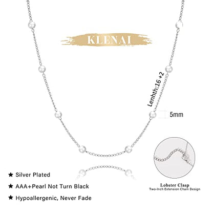 Gold Pearl Necklace For Women - 14K Gold Plated Layered Herringbone Chain Pearl Necklace, Trendy Simple Gold Jewelry Gift - color: Satellite Pearl-Silver