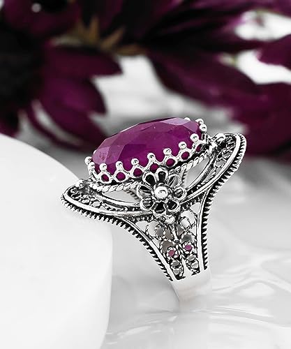 Filigranist 925 Sterling Silver Handcrafted Filigree Art Flower Pattern Woman Oval Statement Ring, Gift Boxed - color: Ruby Corundum