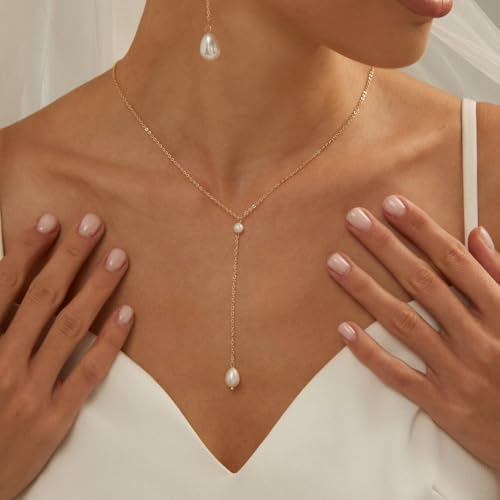 Natural Freshwater Pearl Lariat Necklace, 18K Gold Plated Y-Drop Necklace for Women, Hypoallergenic