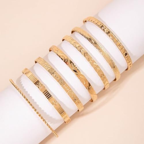 Gold Bangle Bracelets for Women, 14k Gold Plated Multi Layer Textured Stackable Open Bracelet Set Boho Indian Bangles Stackable Set Trendy Elegance Charms Non Tarnish Minimalist Bangle Pack - style: Gold 7Pcs