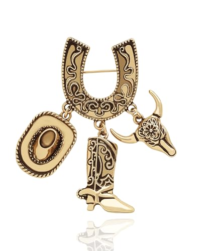 Jessica Simpson Silver or Gold-Tone Brooch for Women | Western Pins with Dangle Charms, Turquoise, or Rhinestones - color: Gold Western Charms