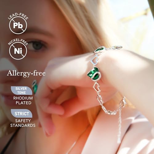 Leafael Infinity Love Heart Gift Bracelet for Women, Birthstone or Healing Stone Crystal, Silver Tone Birthday Jewelry for Her, Mom, and Wife, 7-inch Chain and 2-inch Extender - color: 05-May-Emerald Green