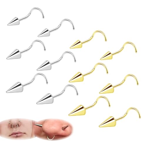 ZS 20G Spike Nose Rings Studs, 18G Stainless Steel Spike Stud Earrings, 16G Septum Lip Rings Cartilage Tragus Helix Piercing for Women Men - color: 12pcs 20g nose screw studs(gold+silver)
