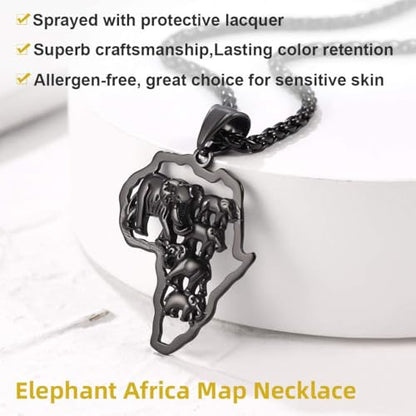 GOLDCHIC JEWELRY Africa Map Necklace for Men, Stainless Steel African Tribal/Egyptian Eye of Horus/I LOVE AFRICA/Elephant Map Hiphop Jewelry Unisex with 22'+2'Adjustable Chain - color: Elephant - Black, style: No Customization