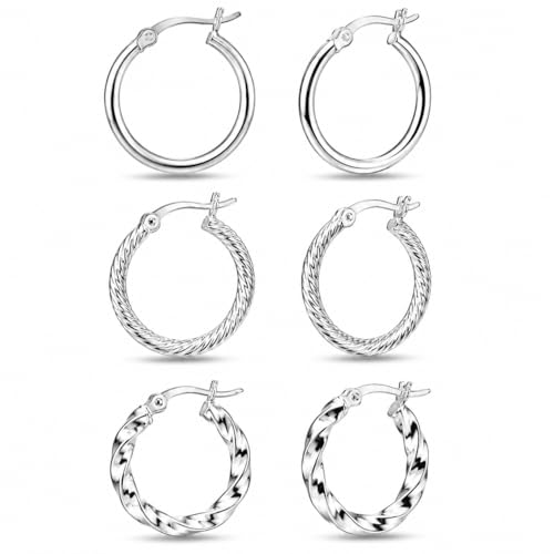 Charmsy Set of 3 Pairs 925 Sterling Silver Hoop Earrings for Women | Lightweight Italian 2.5mm Tube Diamond-Cut Classic Texured Click-Top Hoops Earring | Size 12/13/15/18/20/25mm - color: Tri-PAIR-18mm