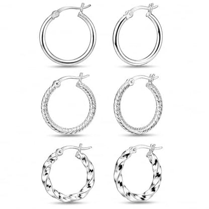 Charmsy Set of 3 Pairs 925 Sterling Silver Hoop Earrings for Women | Lightweight Italian 2.5mm Tube Diamond-Cut Classic Texured Click-Top Hoops Earring | Size 12/13/15/18/20/25mm - color: Tri-PAIR-18mm