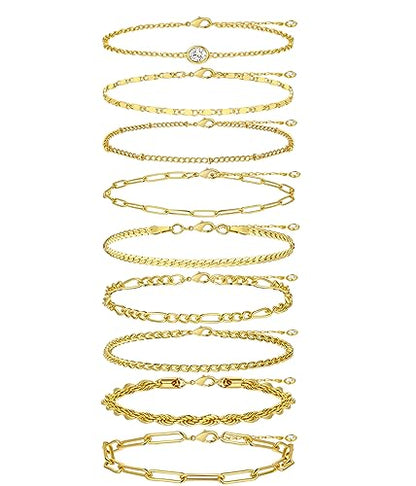 Gold Bracelets Set for Women Trendy, 14K Real Gold Plated Jewelry for Women Dainty Chain Bracelet Stack, Non Tarnish Gold Stackable Bracelets Pack Fashion Accessories Gifts - color: Style3-gold