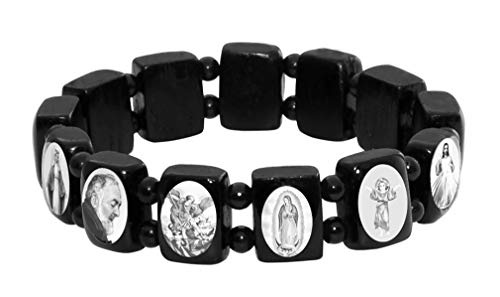 Catholica Shop Devotional Catholic Religious Wood Stretch Bracelets. Small and Large Panels with Assorted Images of Saints, Jesus and Mary. Unisex. Handcrafted in Brazil - style: B&W Sm Panel