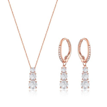 Crysdue Cubic Zirconia Jewelry Set for Women Bridesmaid, Classic Round Cut Drop Lightweight Lever Back Earrings Pendant Necklace Tennis Bracelet for Wedding Prom Party - style: 2pcs Rose Gold