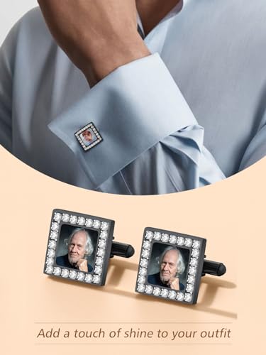 FindChic Stainless Steel Round Cufflinks with Custom Text/Picture/Monogram Letters 18K Gold Plated/Black Color for Men Groom Suits Shirts, with Gift Box - style: 02. CZ custom photo-square (black)